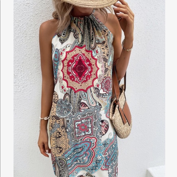 Boho Floral Paisley Print Halter Mini Dress - Picture 10 of 11